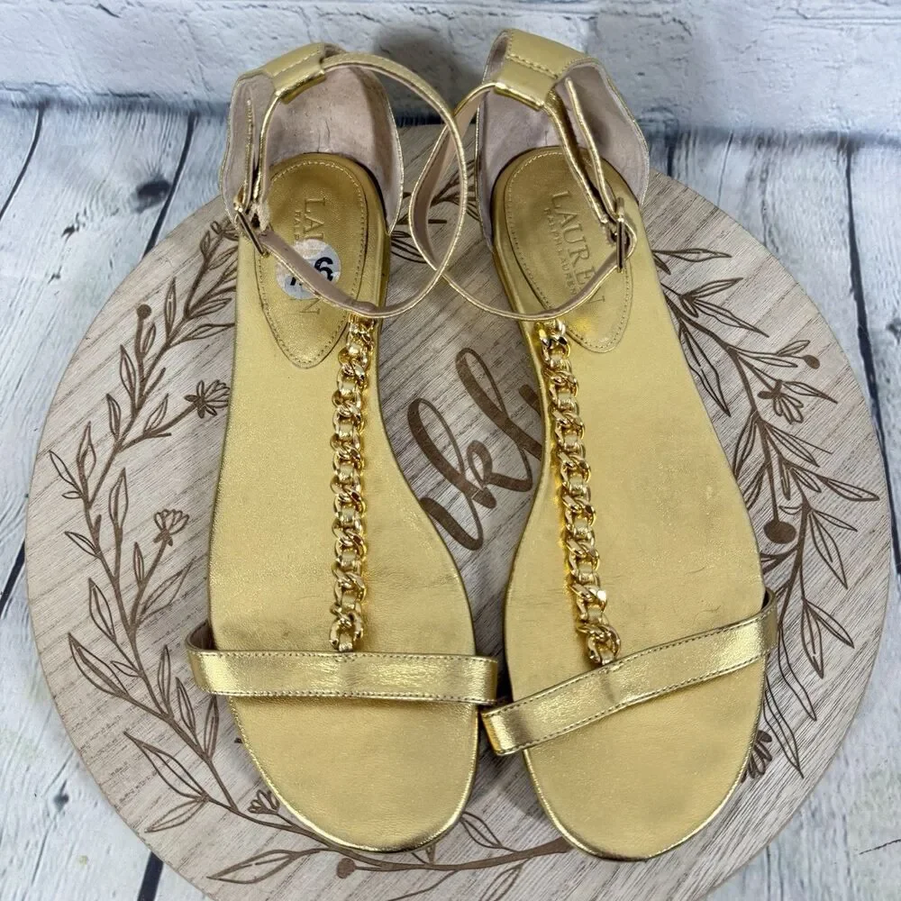 Lauren Ralph Lauren Sandals Womens 9.5 Gold Chain Preppy Dress Party Shoes
